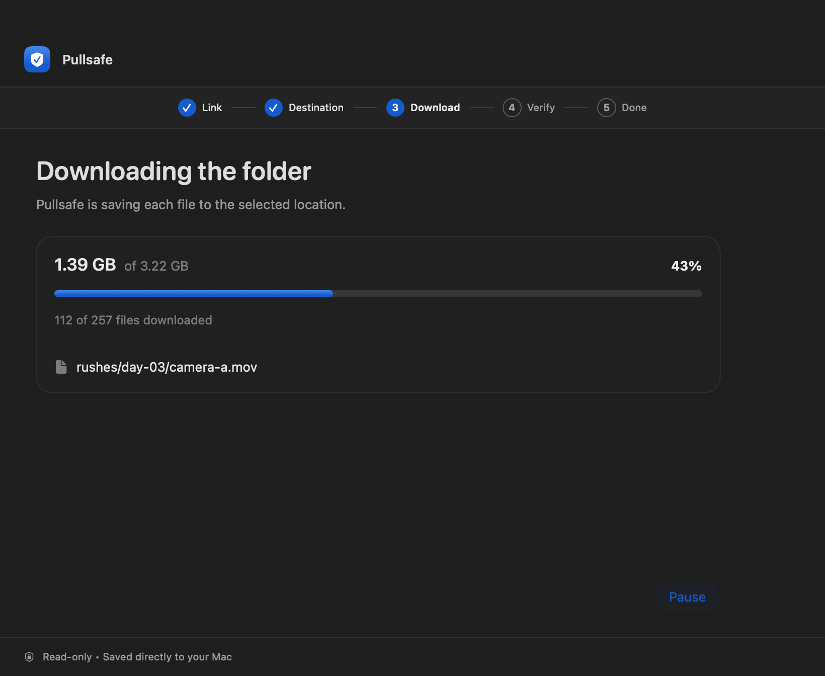 Pullsafe interface preview: downloading a sample folder, 1.39 of 3.22 GB, 112 of 257 files.